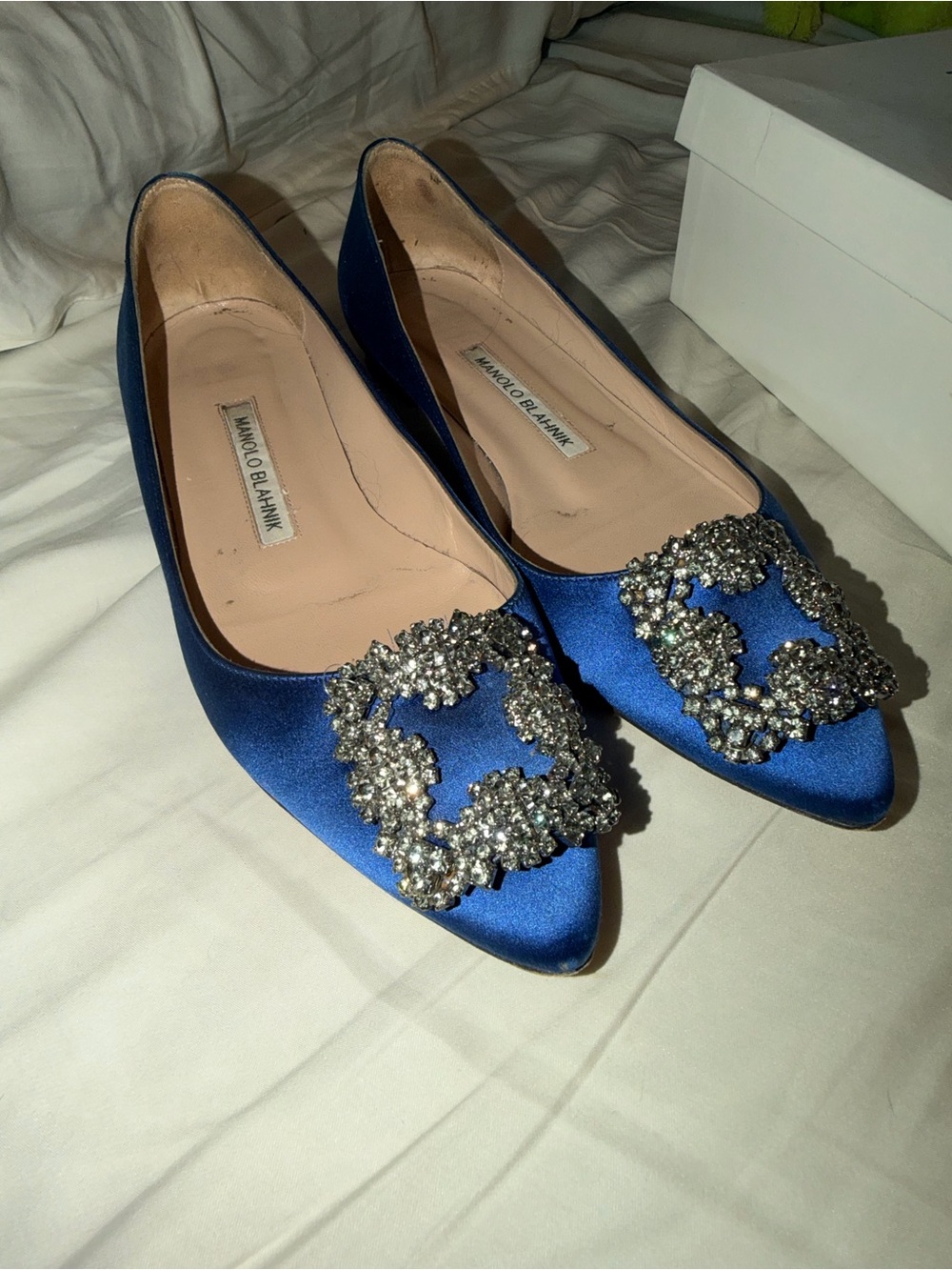 Manolo Blahnik HANGISIFLAT Royal Blue Satin Crystal Buckle Pointed Flats
